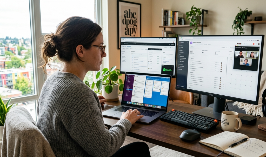 Freelancer working online managing digital projects and communication tools