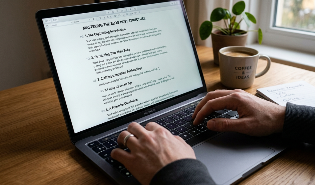 Person practicing content writing on a laptop with structured blog document for valuable-online-skills-you-can-learn-in-30-days