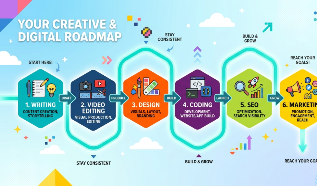 Visual roadmap of valuable online skills including writing, design, video editing, and marketing