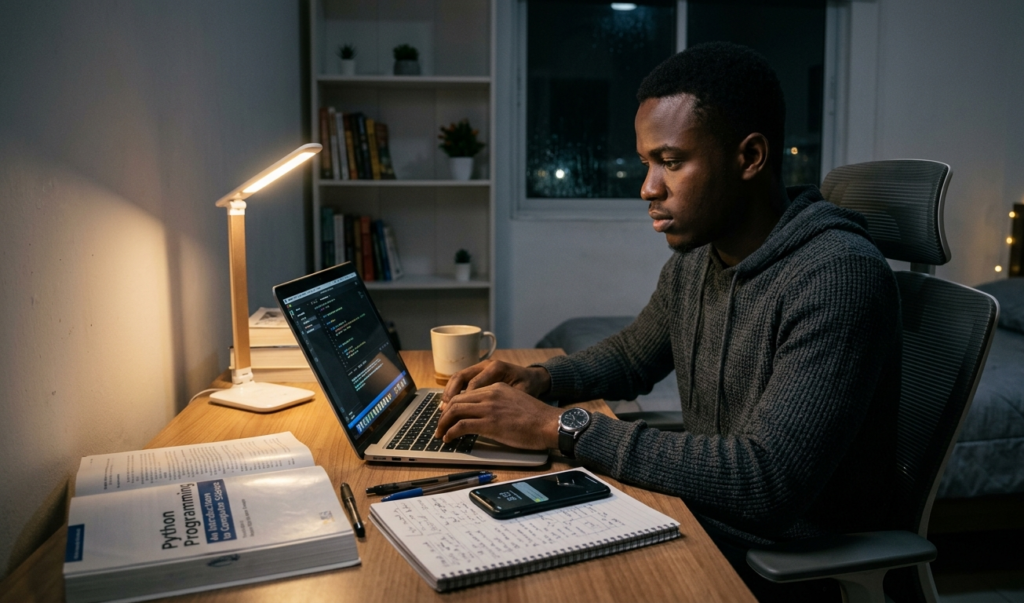 Person learning valuable online skills on a laptop at night in a focused study environment