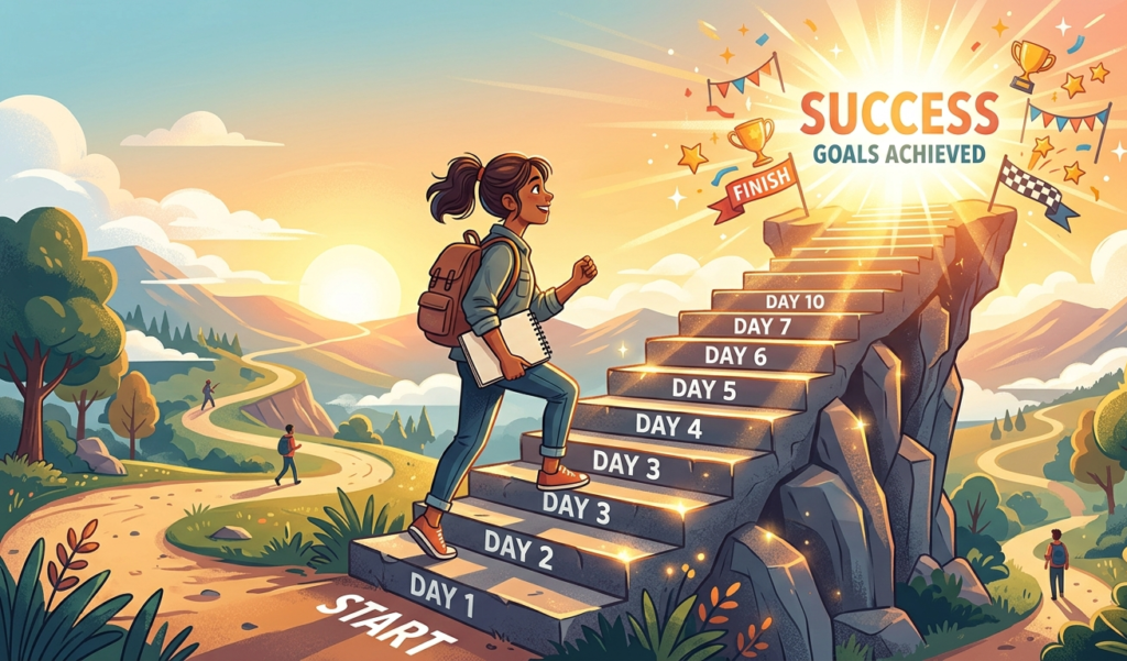A visual metaphor of steps or stairs labeled “Day 1, Day 2, Day 3…” leading upward to success light at the top, creator walking up step by step, motivational illustration style