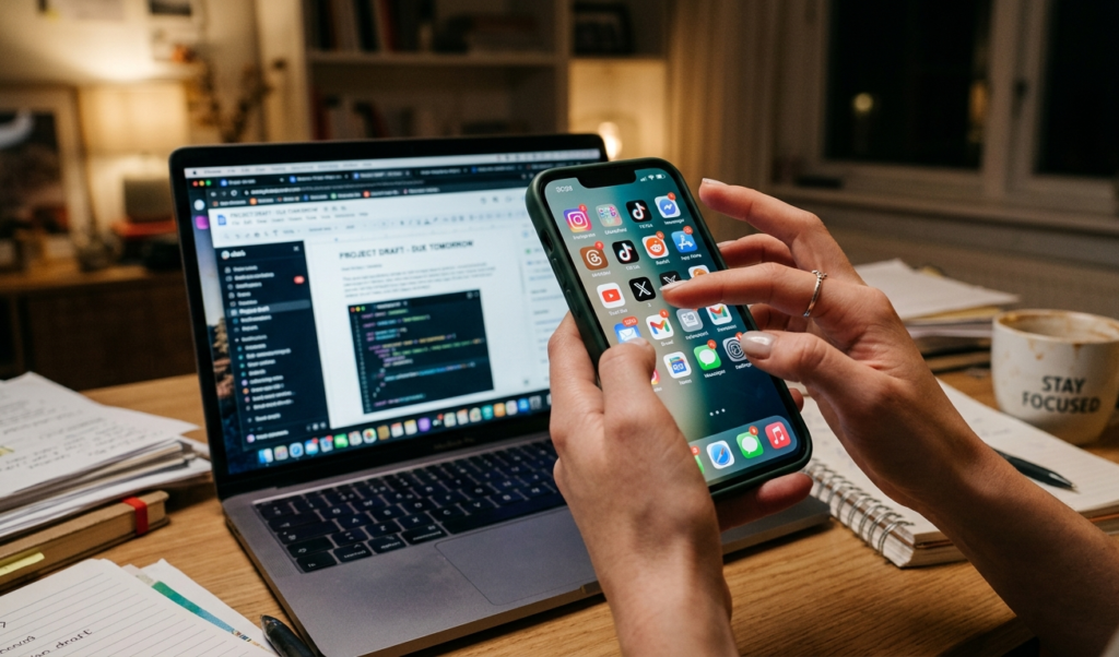 Close-up of hands holding phone with endless scrolling apps, blurred background showing unfinished work on laptop, emotional tone of distraction vs productivity