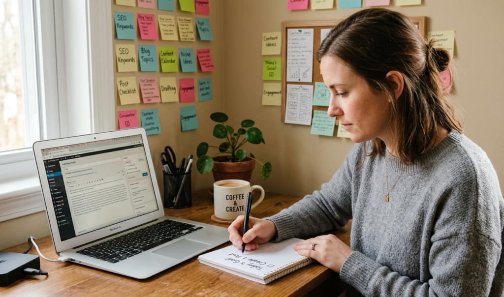 A person writing “Today’s Goal: Create 1 Post” on a notebook, sticky notes on wall with content ideas, laptop open with blog dashboard, calm and focused mood, soft daylight