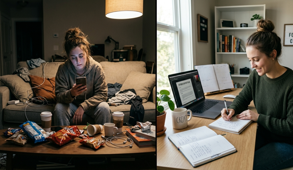 Split image: left side shows distracted person scrolling phone with messy environment, right side shows same person focused, writing and creating content in organized space, strong contrast, motivational concept, cinematic lighting for daily habits to grow online consistently