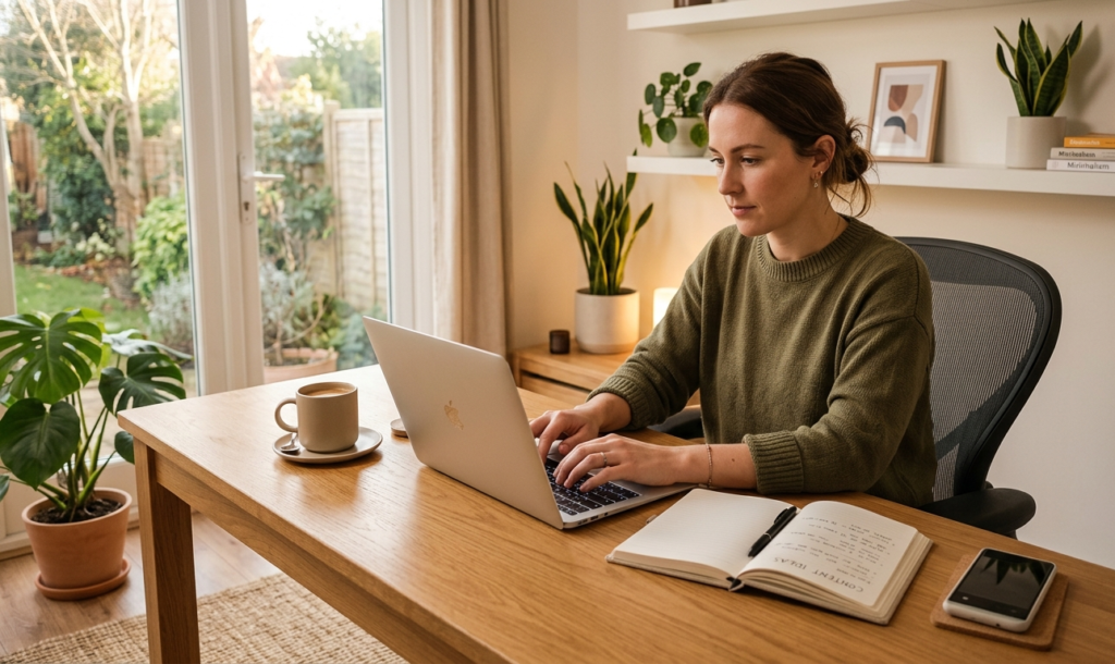 A clean workspace with laptop, notebook, coffee cup, and phone on silent mode, a creator sitting focused and typing blog content, minimal aesthetic, warm lighting, productivity atmosphere, modern home office for daily habits to grow online consistently