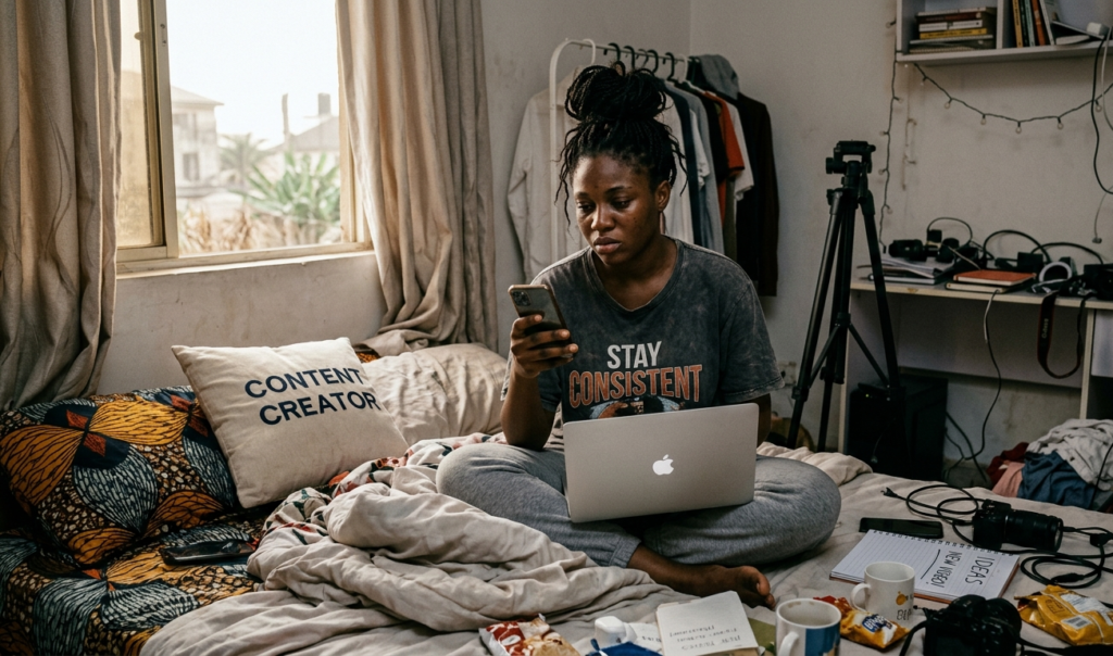 A young African content creator sitting on a bed early morning, laptop open but untouched, phone in hand showing social media, tired facial expression, soft natural light coming through window, realistic style, emotional storytelling, messy room showing daily struggle of inconsistency