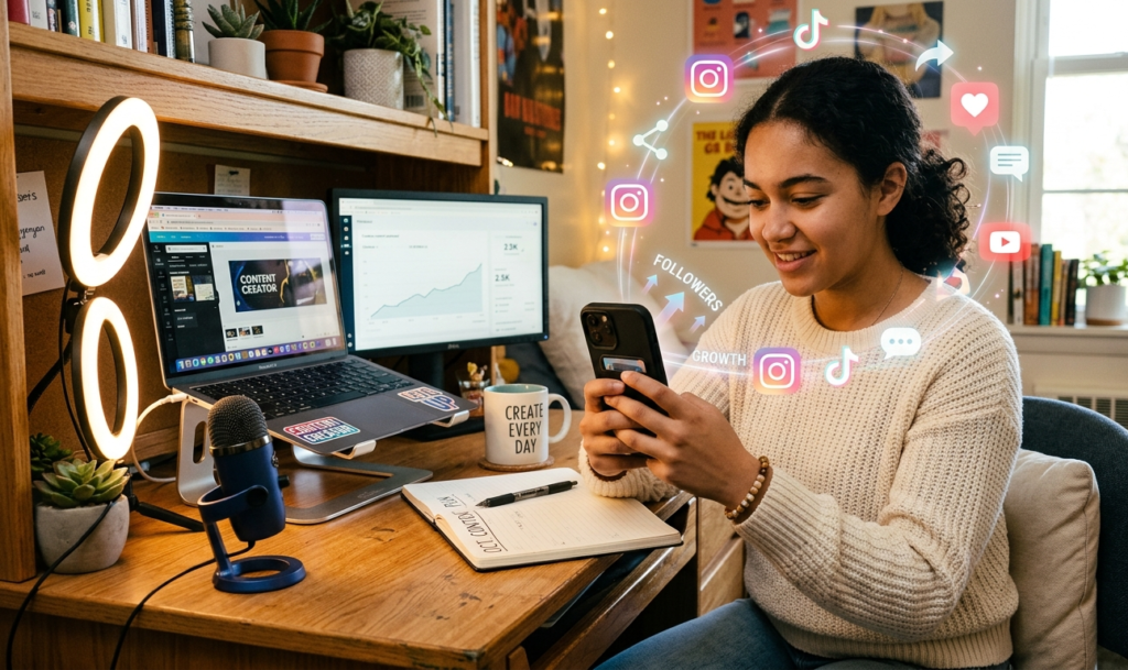 Student creating content on a phone and laptop with social media icons, showing modern ways students can build online skills