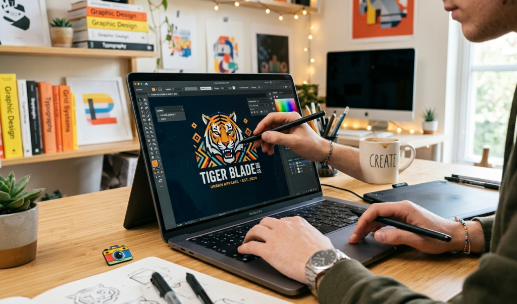 Close-up of a student practicing graphic design on a laptop, highlighting practical ways students can build online skills