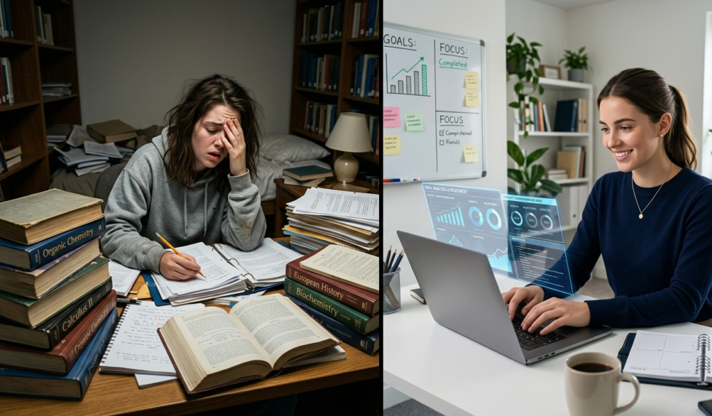 Split image of a stressed student and a confident student working online, illustrating ways students can build online skills from confusion to success