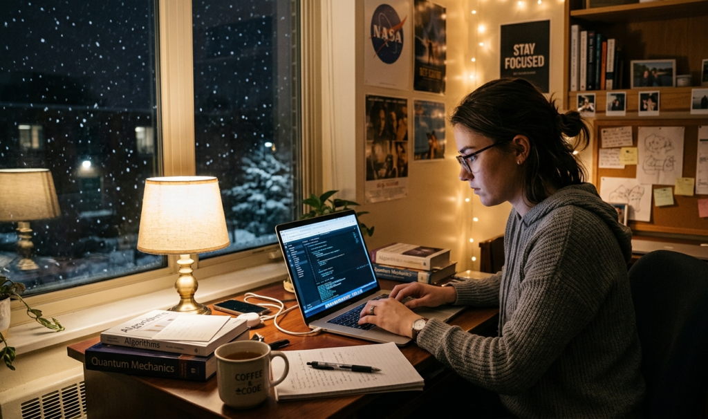 Student working on a laptop in a quiet dorm room at night with snow outside, showing early ways students can build online skills