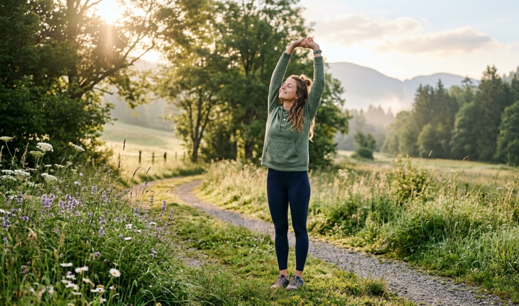 Morning sunlight exposure for vitamin D and energy as one of the simple health secrets for natural health improvement.