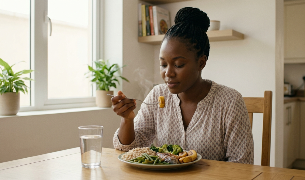 Mindful eating slowly without rushing as part of simple health secrets for better digestion and health.