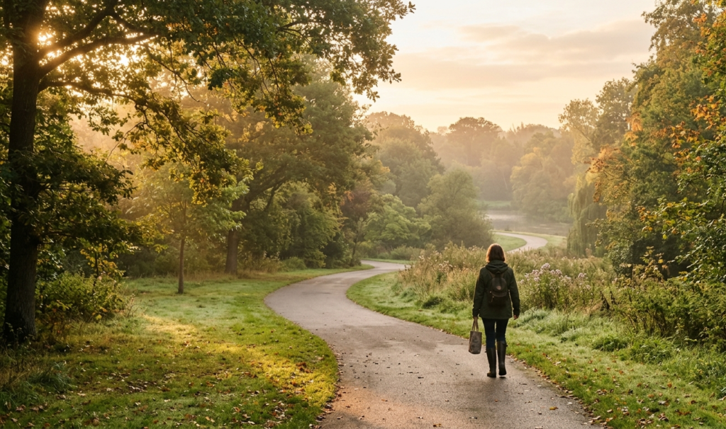 Daily morning walk in nature showing one of the simple health secrets for improving health and reducing stress.
