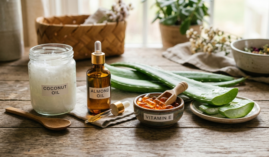 Coconut oil, almond oil, aloe vera leaves, vitamin E capsules arranged aesthetically on wooden table, skincare natural remedy concept, soft lighting.