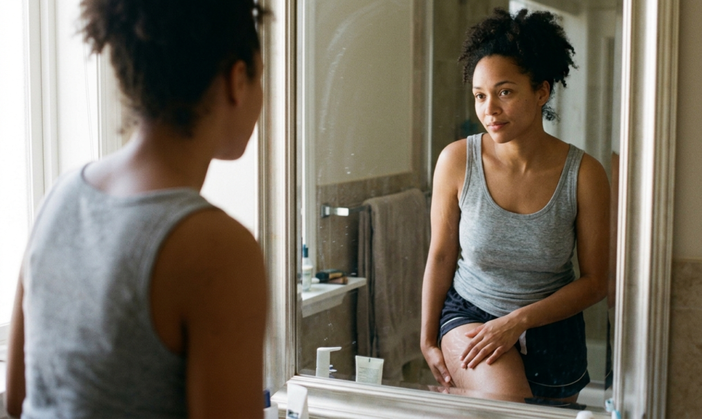 A realistic image of a woman looking at her reflection in the mirror, softly touching her arm or thigh with visible stretch marks, emotional but calm mood, natural lighting.