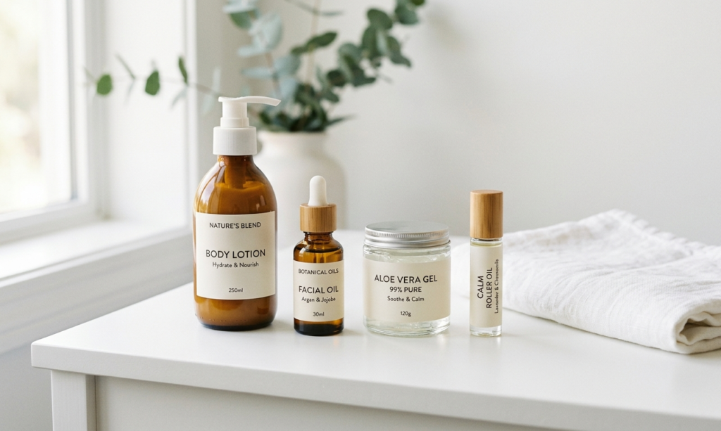 Skincare items on a clean white surface including body lotion, natural oils, aloe vera gel, and towel, minimalist aesthetic, soft daylight.