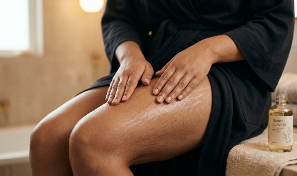 Close-up of a person gently applying natural oil (like coconut oil or almond oil) on thighs with visible stretch marks, warm bathroom lighting, soft focus, skincare routine aesthetic.