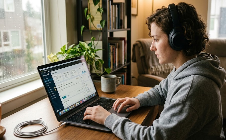 person completing small online tasks on a laptop at home to earn money
