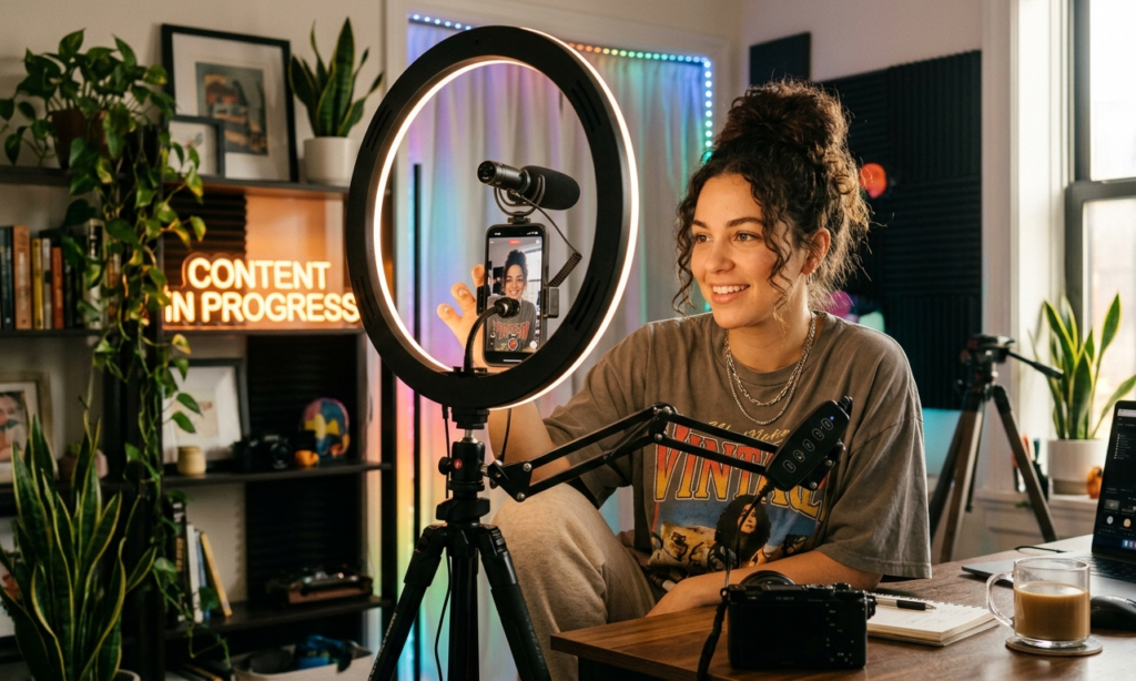 Content creator filming videos for online income
