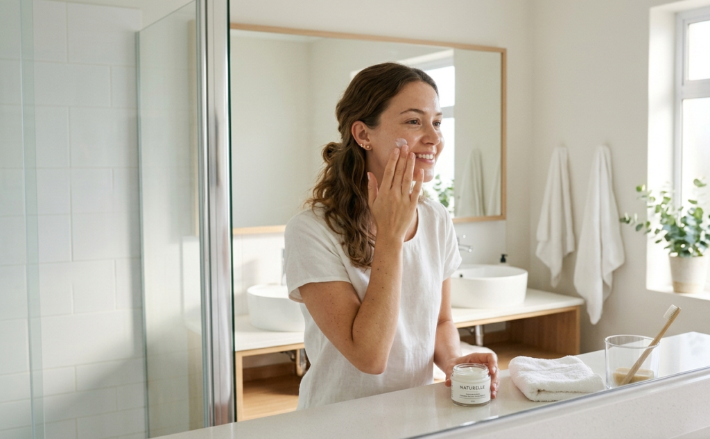 Woman taking care of her skin with a simple skincare routine