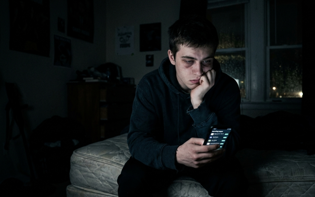 Person searching for microtask websites on phone at night while feeling stressed and hopeful