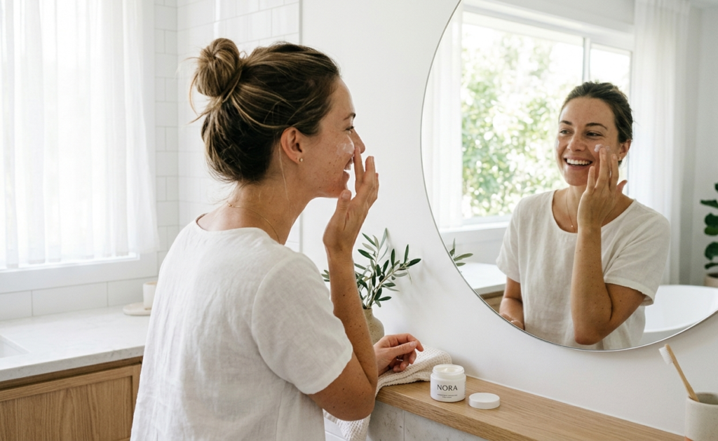 Woman taking care of her skin with a simple skincare routine