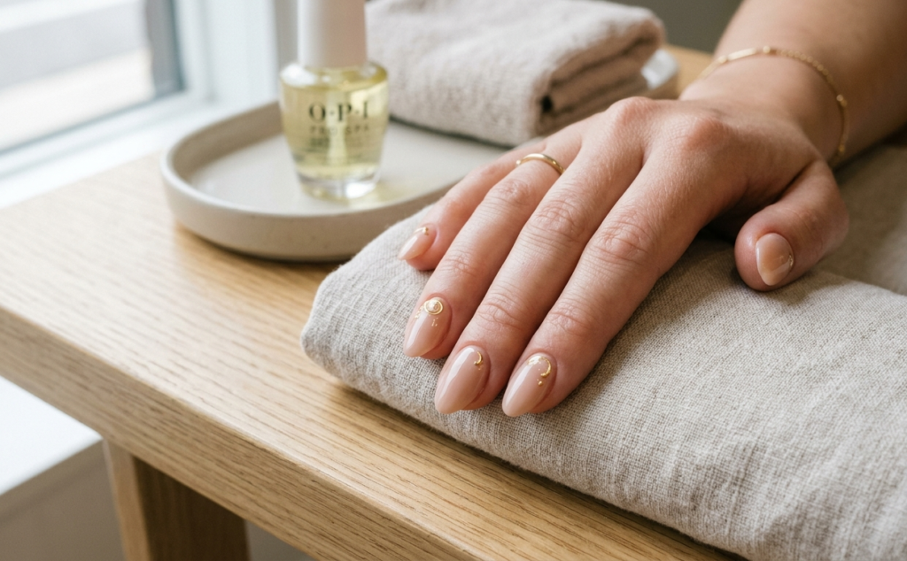 Minimal classy nail art with nude polish and gold swirl details