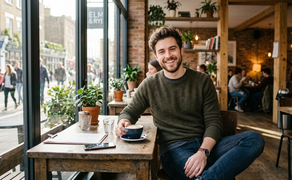 Confident man smiling naturally in a café