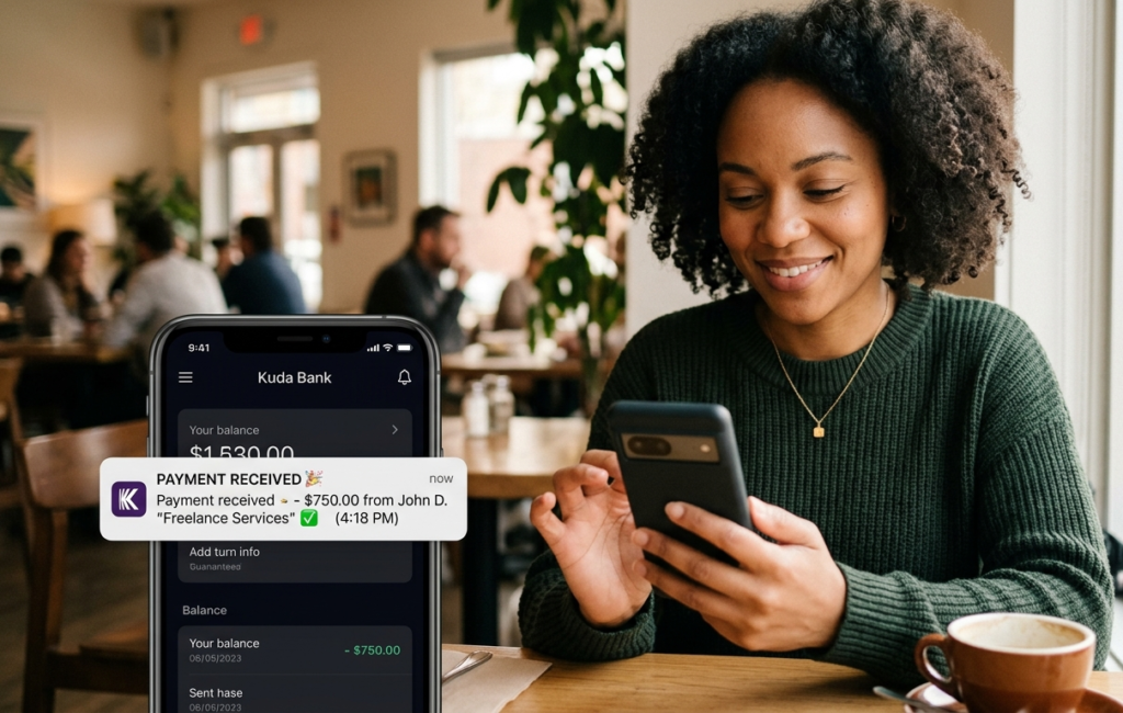 A person smiling slightly while looking at a notification showing payment received on mobile banking or wallet app, emotional relief