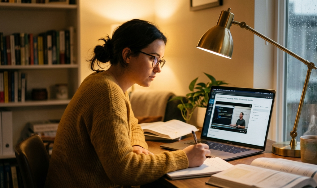 A person learning digital skills online from home