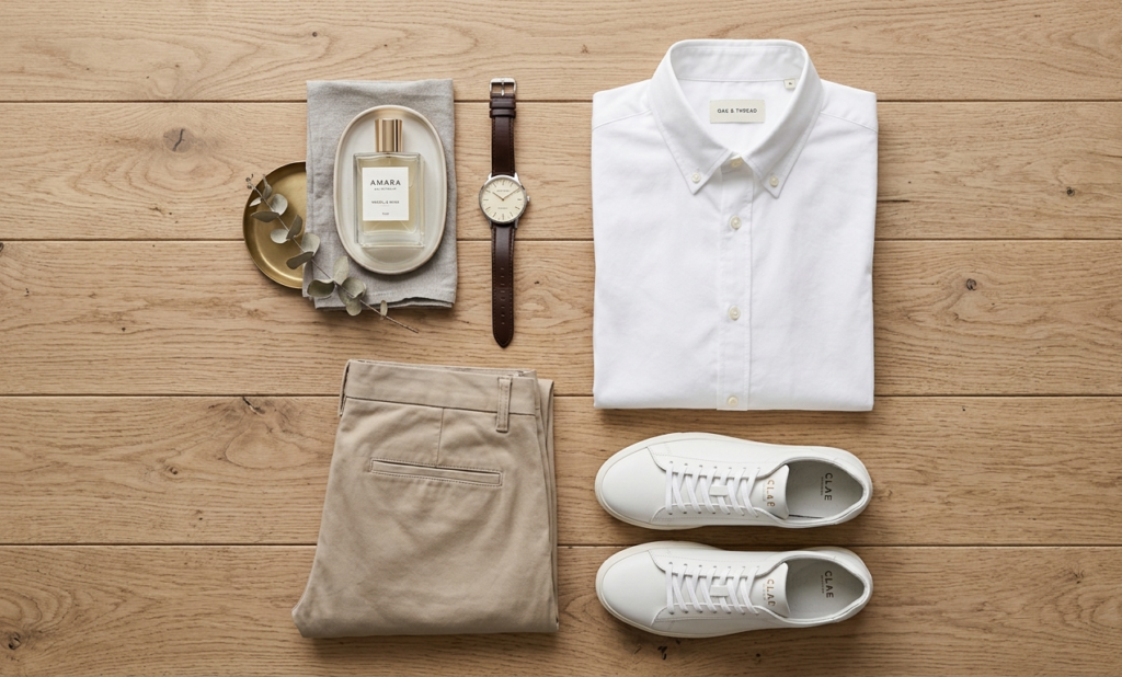 Flat lay of classy fashion essentials and access to look more attractive