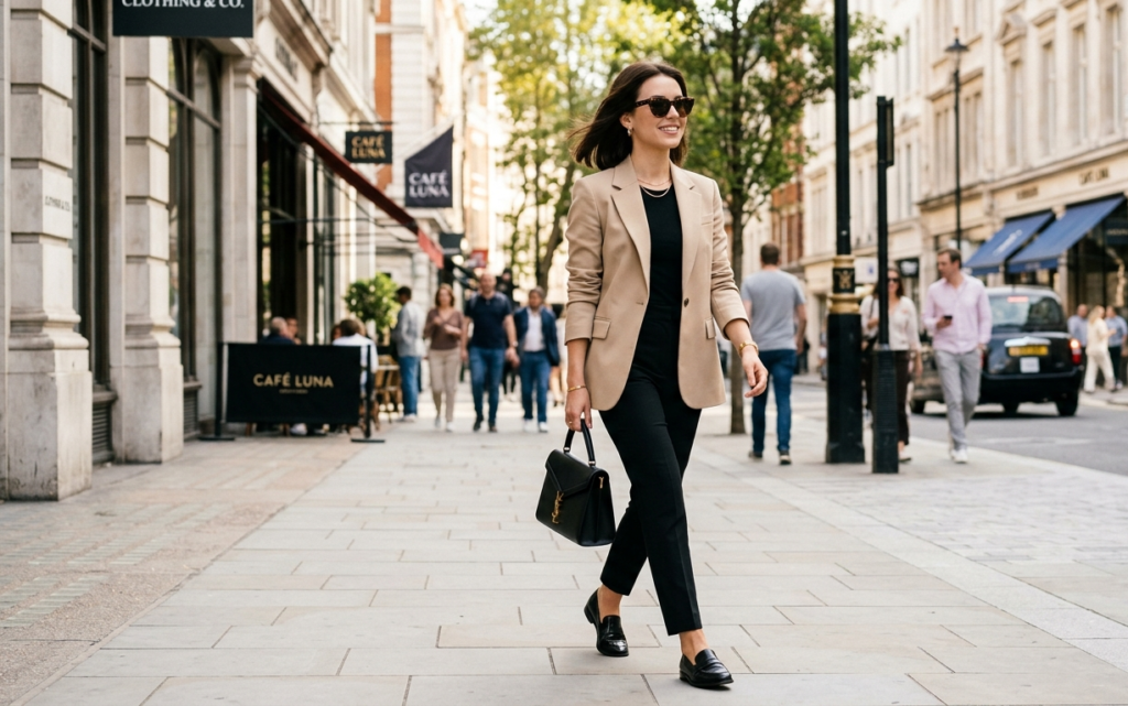 A classy young woman walking confidently on a clean city street wearing a simple beige blazer, black trousers, sunglasses, and minimal jewelry, natural lighting, realistic lifestyle photography style