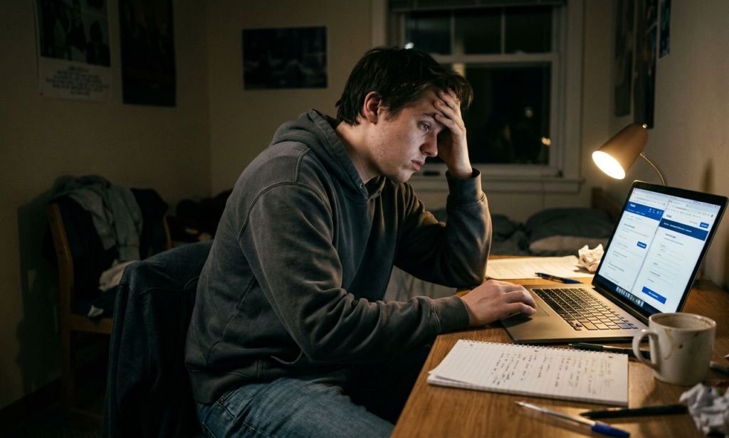 A stressed unemployed person searching for jobs late at night on a laptop
