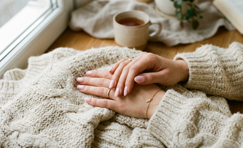 Glossy French tip classy nails paired with a neutral fashion outfit