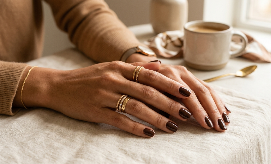 Woman with classy nude almond nails holding a coffee cup in a stylish café