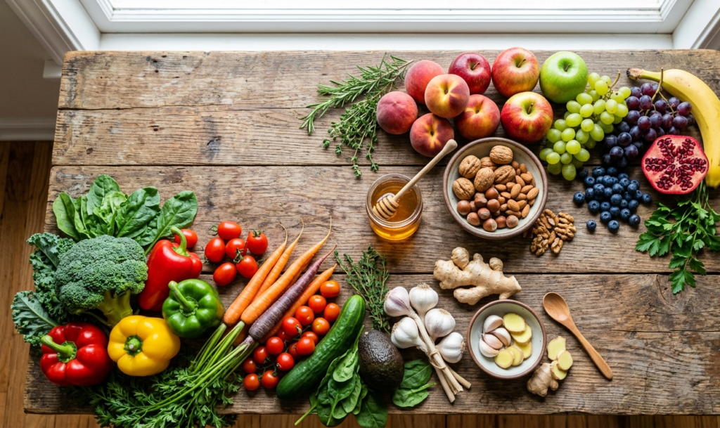 Healthy foods like fruits, vegetables, and ginger that support the immune system.