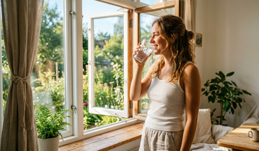 Person drinking water in the morning sunlight to support a healthy immune system.