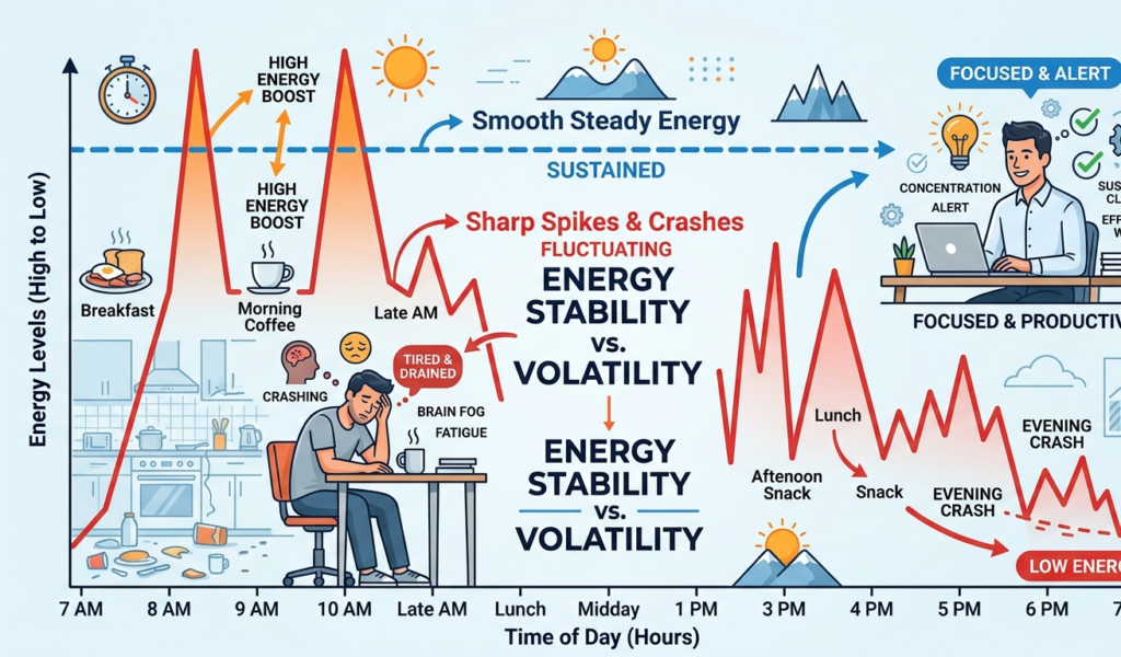 Sugar crashes compared to stable energy without sugar.