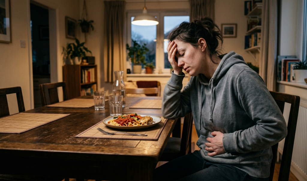 Person skipping meals leading to low energy and frequent headaches.