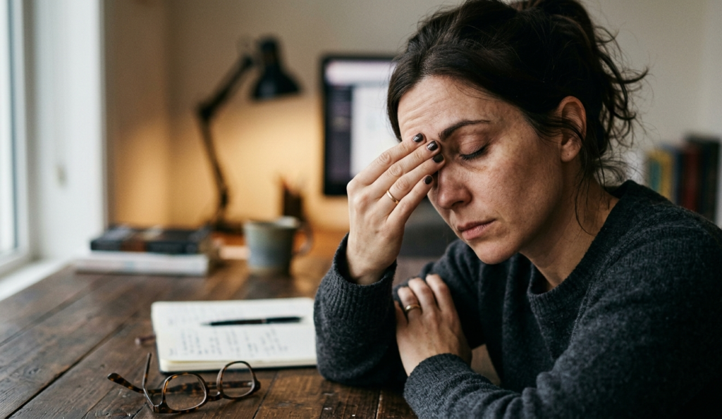 Close-up of tired eyes rubbing forehead, slight blur effect, glasses on desk, soft lighting.