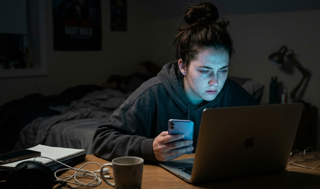 Person using phone and laptop late at night showing screen strain leading to frequent headaches.