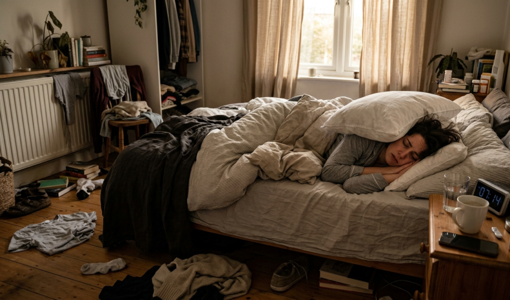 Sleep-deprived person waking up with headache, showing poor sleep as a cause of frequent headaches.