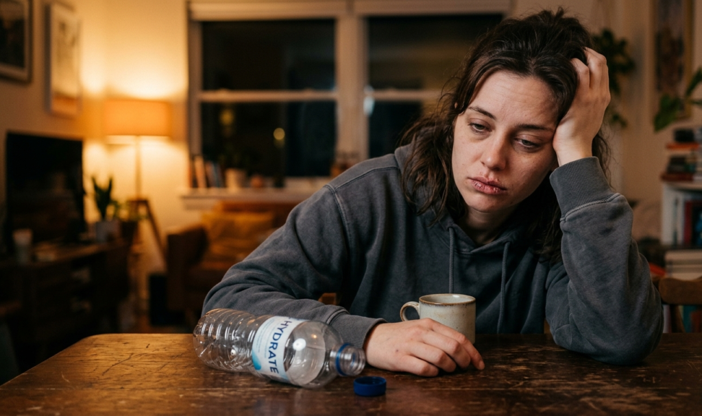 Tired person with empty water bottle showing dehydration as a cause of frequent headaches.