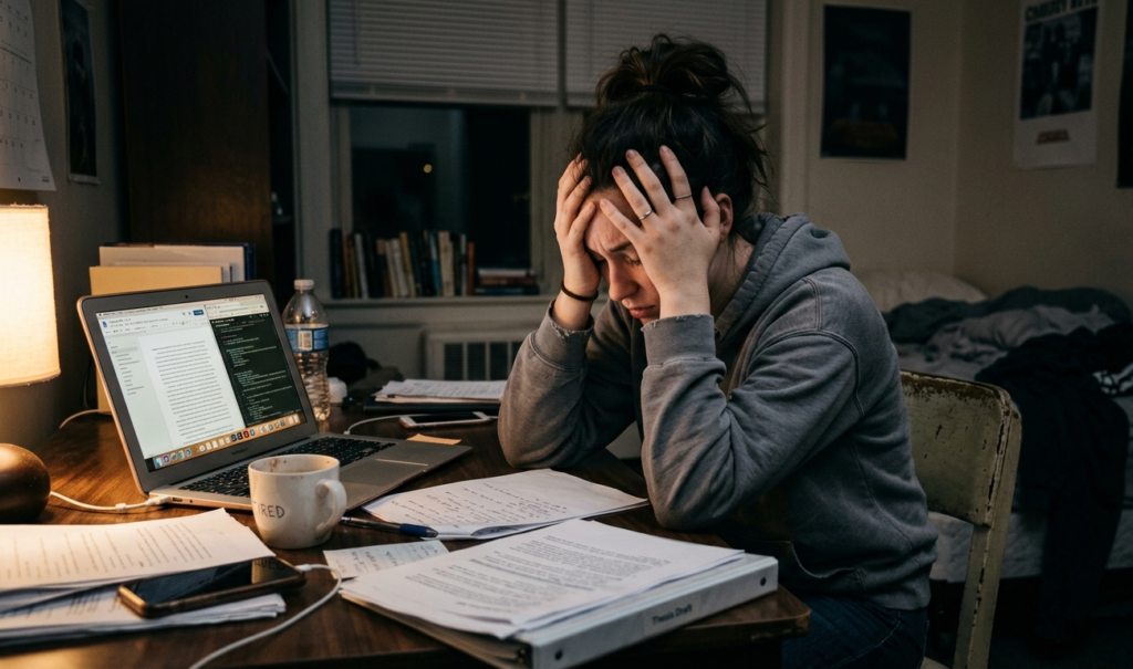 Person holding head in stress while working at a desk, showing frequent headaches caused by mental pressure.