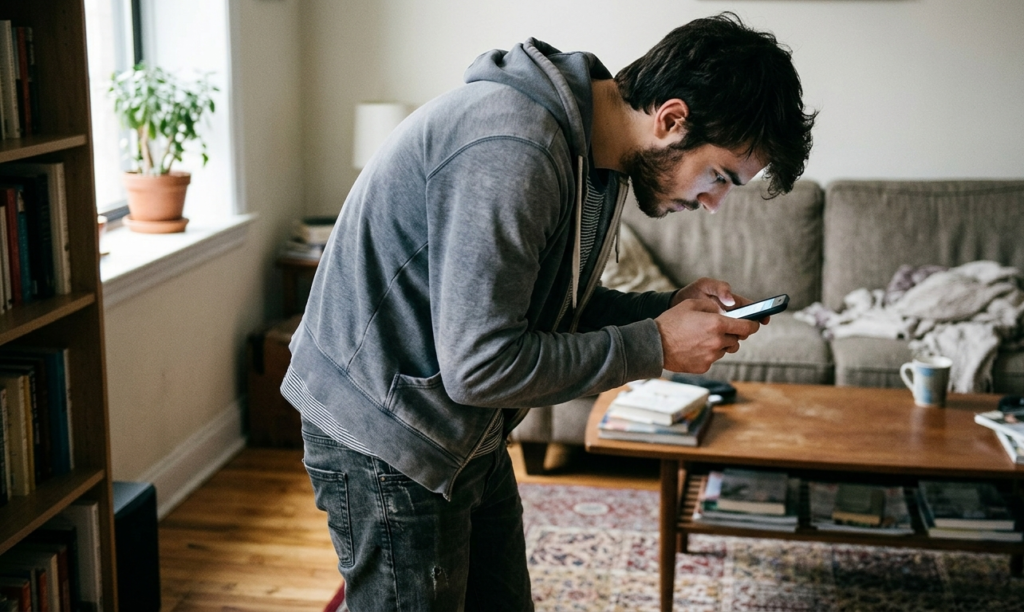 Man standing with poor posture while using phone, showing how bad posture can cause frequent headaches.