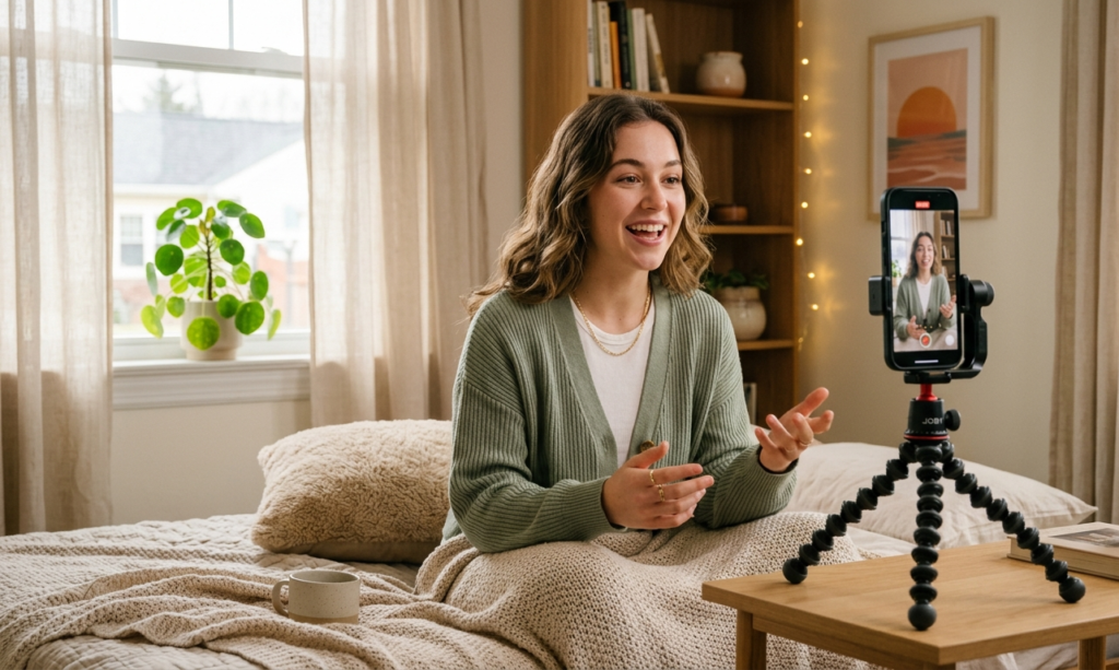 A content creator filming videos with a phone on a tripod