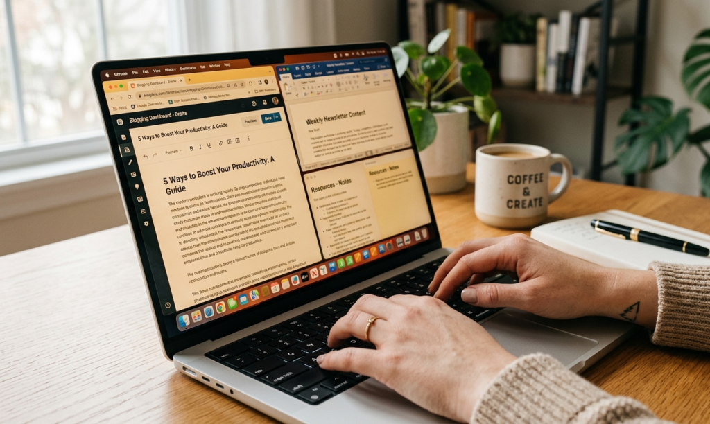 A person working on freelance writing projects on a laptop