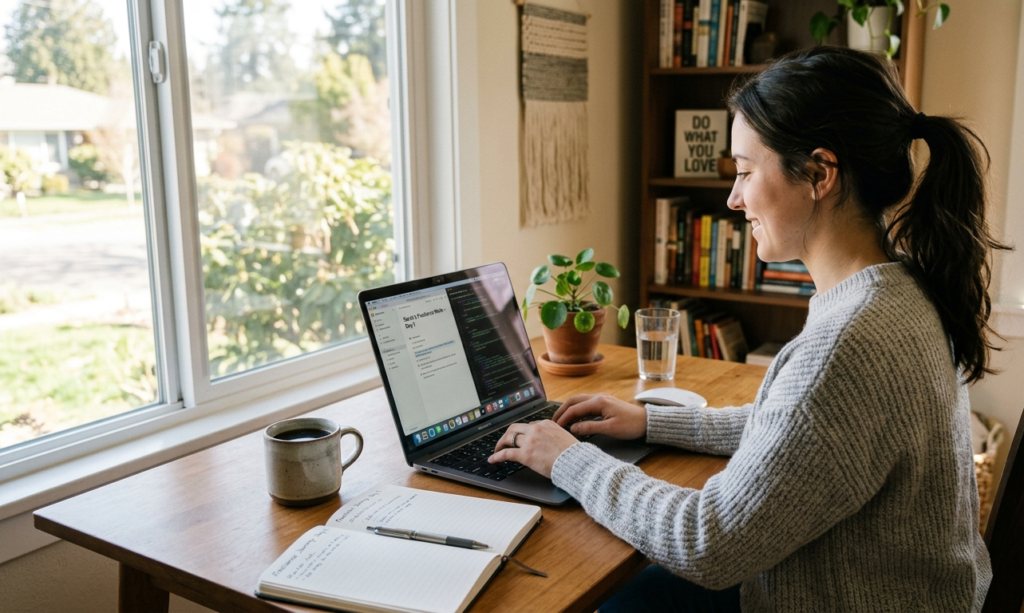 A beginner starting online work on a laptop in a simple home setup