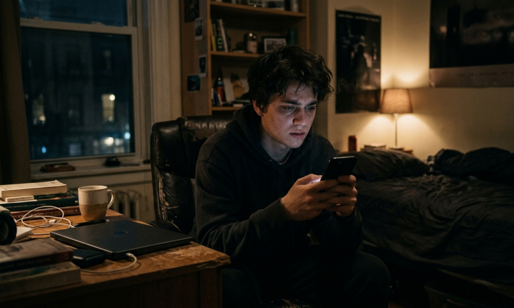 A frustrated beginner struggling to make money online while checking a phone late at night trying to earn my first $1,000 online
