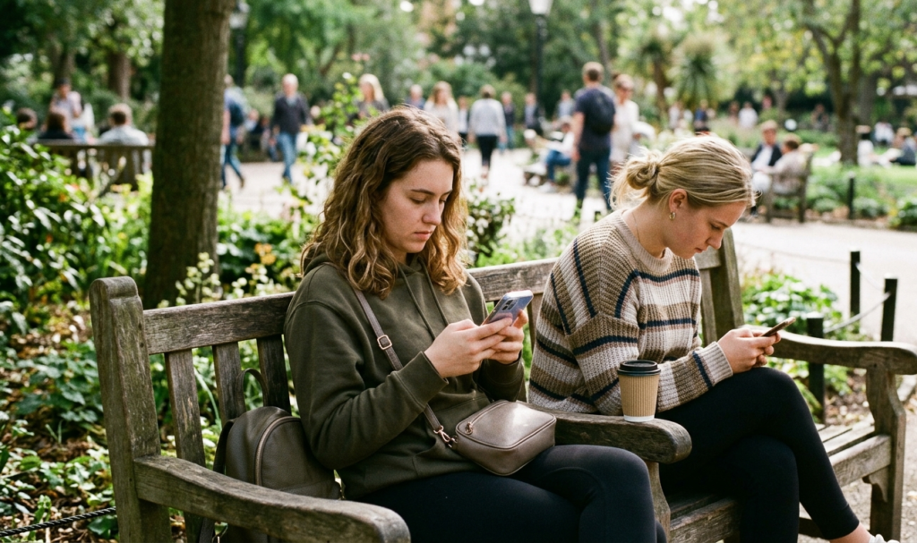 Two friends together physically but distracted by their phones instead of interacting.